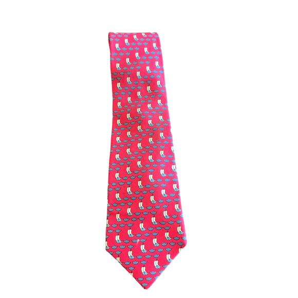 Hermes Men's Classic Tie Nautical Sailboats Red Satin 100% Silk 7130 FA Red Blue - Picture 1 of 8